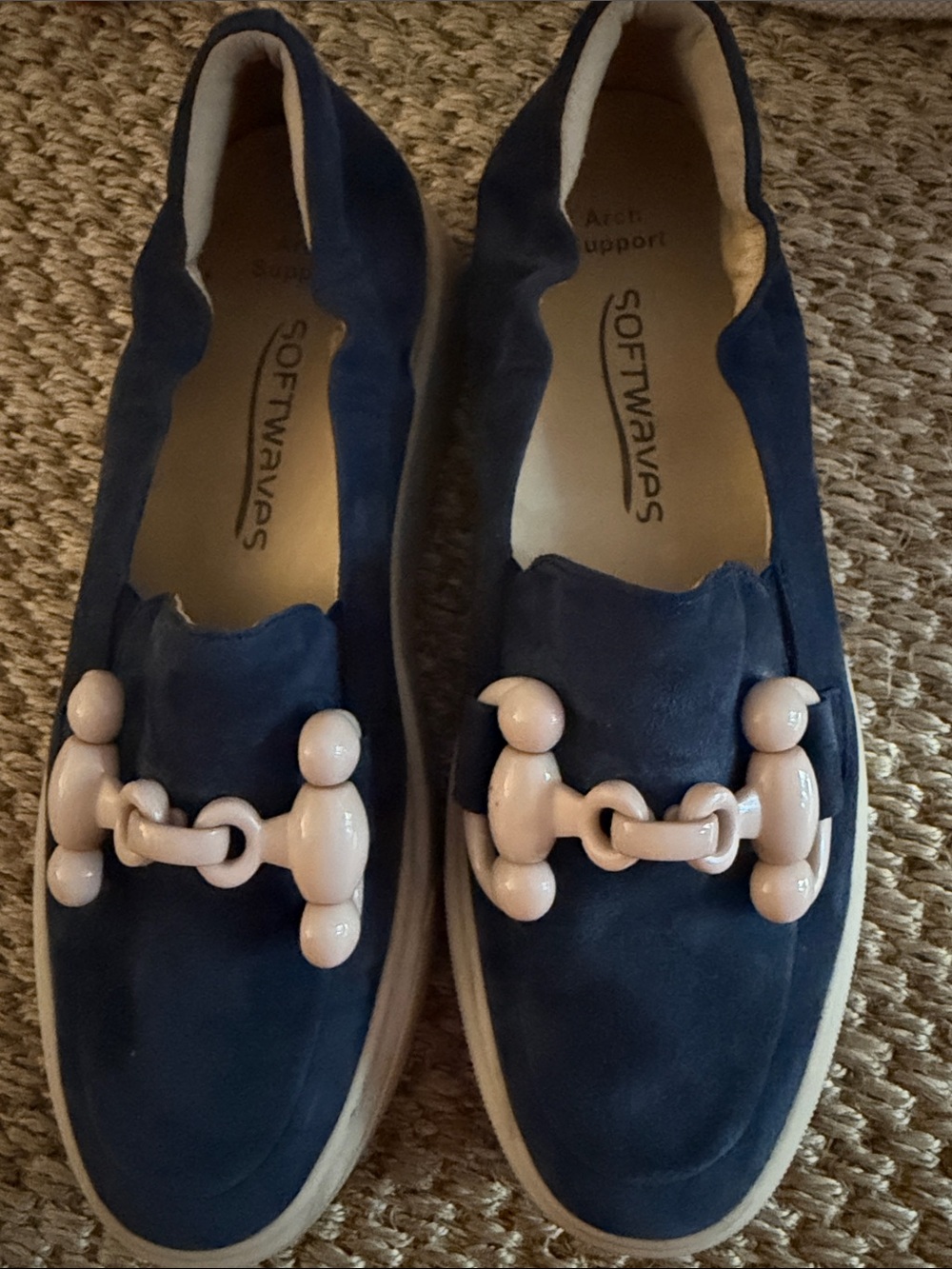 Softwaves Navy Suede Loafers with Cream Decorative Bit